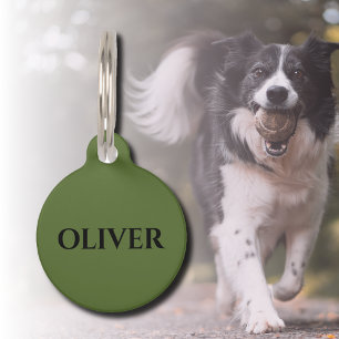 Médaillon Pour Animaux Olive Green et minimaliste Nom noir