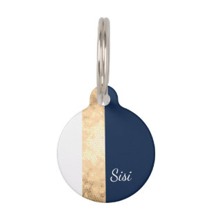 Médaillon Pour Animaux or élégant de faux, bleu marine, rayures blanche