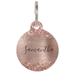 Médaillon Pour Animaux Paillettes Rose Gold Feuille