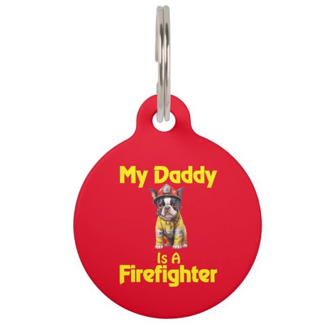 Médaillon Pour Animaux Papa Pompiers Terrier de Boston Personnalisé (Devant)