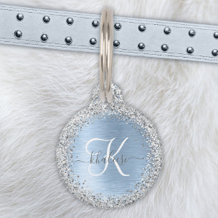 Médaillon Pour Animaux Parties scintillant en argent brossé bleu Nom du m