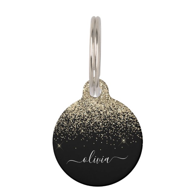 Médaillon Pour Animaux Parties scintillant Noir Or Script Monogramme Nom  (Devant)