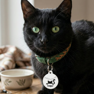 Médaillon Pour Animaux Patte de chat noir personnalisée Nom Rond Personna