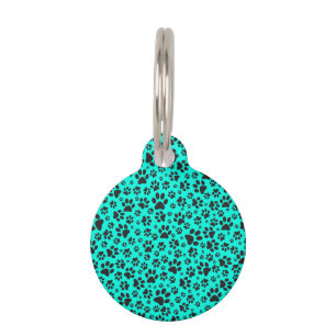 Médaillon Pour Animaux Pattes de chien noir et blanc à pois sur fond cyan