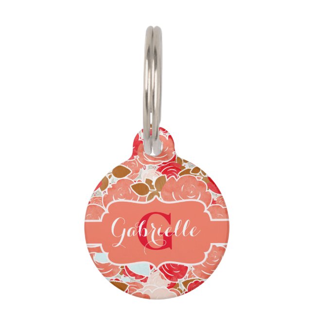 Médaillon Pour Animaux Peach & Gold Aquarelle Rose Monogramme Floral (Devant)