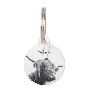 Médaillon Pour Animaux Portrait de vache Highland premier monogramme noir