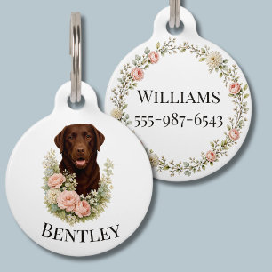 Médaillon Pour Animaux Portrait floral de Labrador chocolat