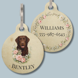 Médaillon Pour Animaux Portrait floral de Labrador chocolat