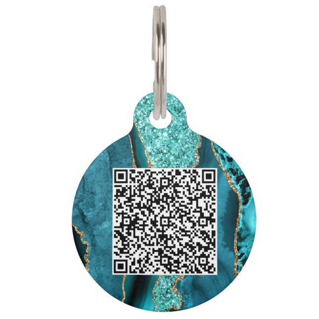 Médaillon Pour Animaux QR Code Scan Agate Turquoise Blue Gold Parties sci (Devant)