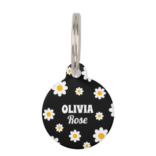 Médaillon Pour Animaux Retro Black Daisy 70's Hippie Nom personnalisé