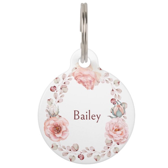 Médaillon Pour Animaux Rose d'aquarelle Wreath personnalisée | BLANCHE (Devant)