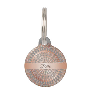 Médaillon Pour Animaux Rose Gold Gris Mandala Nom du Chien Votre Adresse