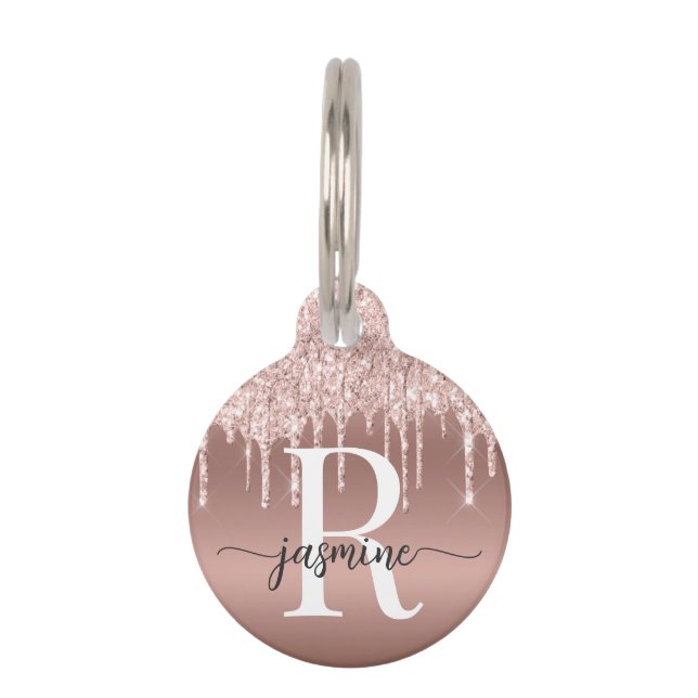 Médaillon Pour Animaux Rose Gold Pailleté Script Monogramme Féminin  (Devant)