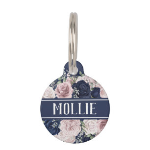 Médaillon Pour Animaux Roses bleu rose Nom et adresse floraux