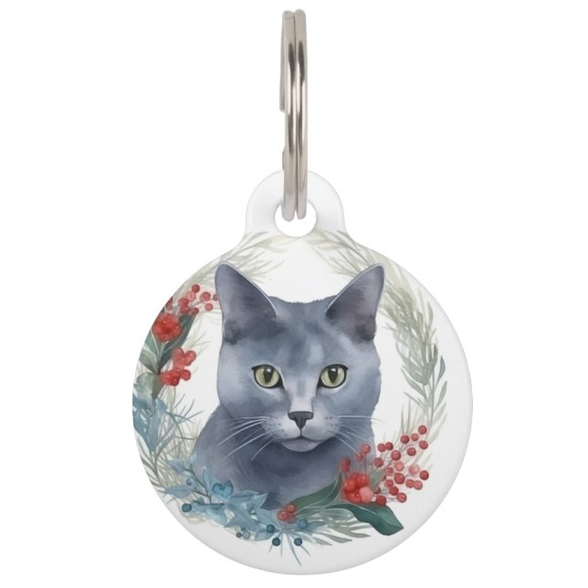 Médaillon Pour Animaux Russe Blue Chat Noël Wreath Festive Kitten (Dos)