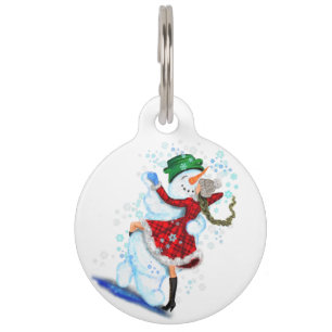 Médaillon Pour Animaux Tag de Noël Pet ID avec Snowman et Girl Dance