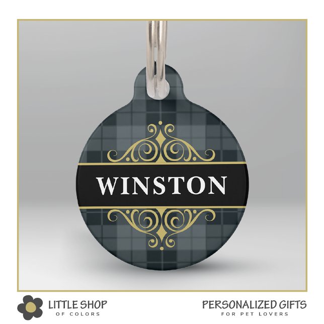 Médaillon Pour Animaux Tartan noir plaqué or Customisé (Créateur téléchargé)