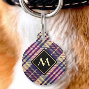 Médaillon Pour Animaux Tartan Violet, Or et Bleu