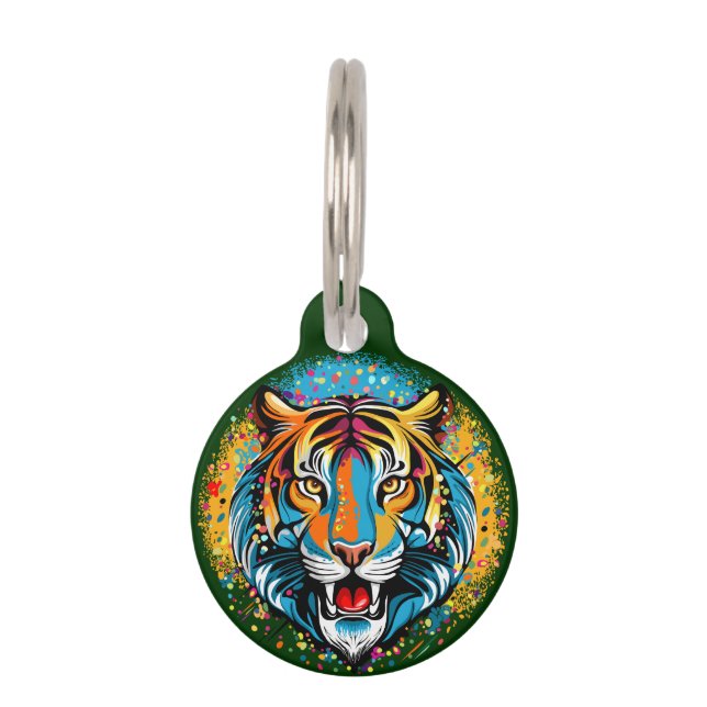 Médaillon Pour Animaux Tête de tigre couleurs arc-en-ciel peinture taches (Devant)