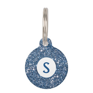 Médaillon Pour Animaux Texture de paillettes bleues fausses et monogramme