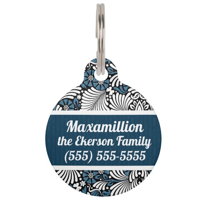 Médaillon Pour Animaux Thème rétro à deux faces en bleu et blanc (Devant)