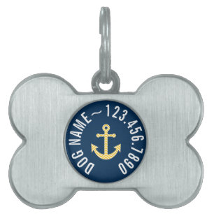 Médaillons Pour Animaux Domestiques Ancre nautique avec Motif Navy Jaune Chevron