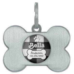 Médaillons Pour Animaux Domestiques Buffalo Plaid Black and White Custom Chien Bone