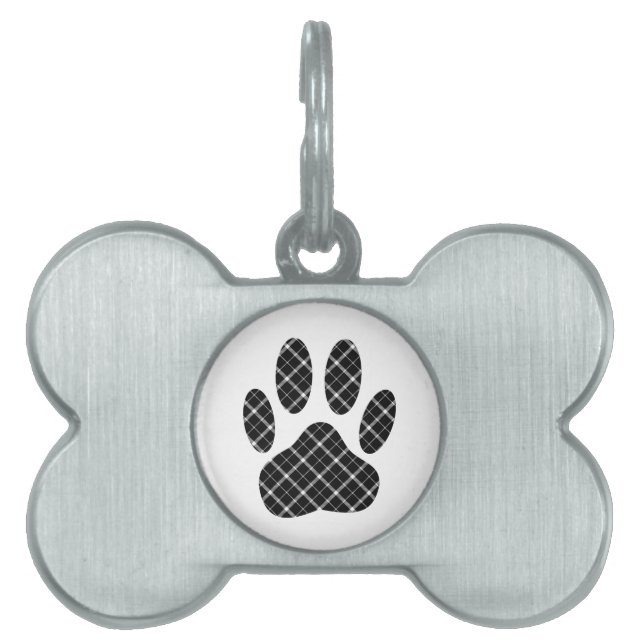 Médaillons Pour Animaux Domestiques Empreinte de patte Tartan Noir Et Blanc (Devant)