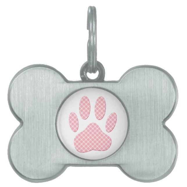Médaillons Pour Animaux Domestiques Empreinte de patte Tartan Rose Et Blanc (Devant)