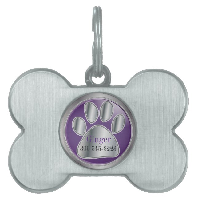Médaillons Pour Animaux Domestiques Empreinte de patte violet et argenté | Personnalis (Devant)