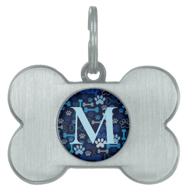 Médaillons Pour Animaux Domestiques Empreintes de pattes et os en bleu monogramme (Devant)