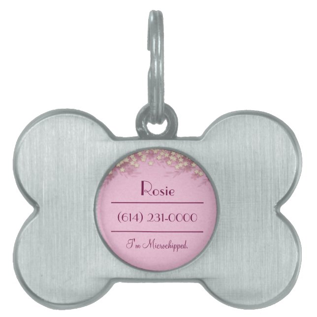 Médaillons Pour Animaux Domestiques Fille rose floral personnalisé argent (Devant)