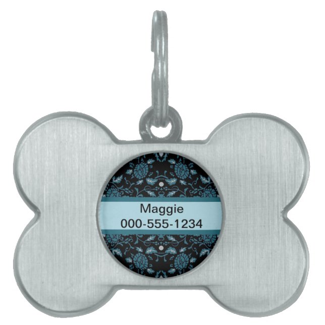 Médaillons Pour Animaux Domestiques Fleur élégante Noir et Turquoise Damas (Devant)