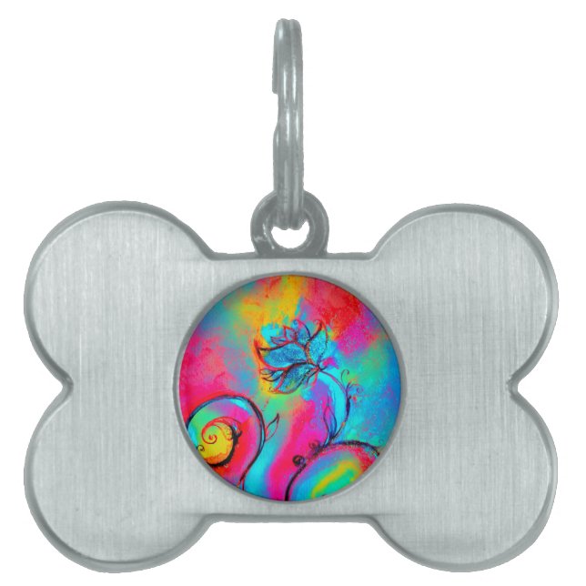 Médaillons Pour Animaux Domestiques FLEURS BLANCHES rose jaune turquoise bleu (Devant)