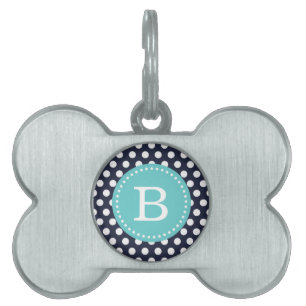 Médaillons Pour Animaux Domestiques Monogramme sur mesure des points marine et turquoi