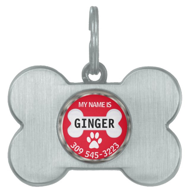 Médaillons Pour Animaux Domestiques Paw blanc et os en rouge | Personnaliser (Devant)