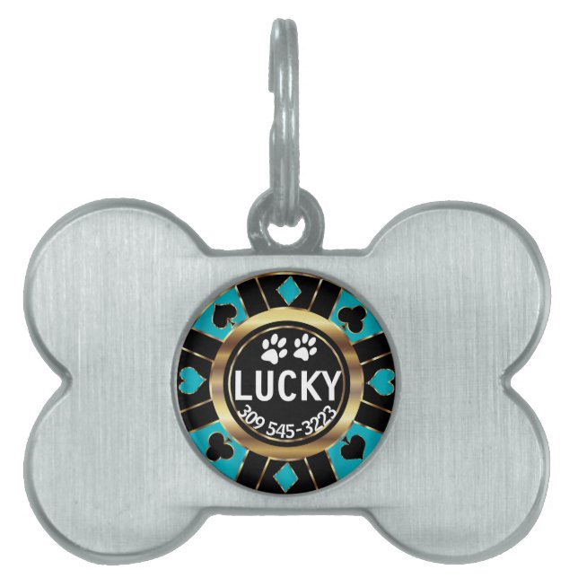 Médaillons Pour Animaux Domestiques Paw blanc sur Chip de Poker Turquoise | Personnali (Devant)