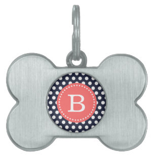 Médaillons Pour Animaux Domestiques Points bleu marine et corail Monogramme personnali
