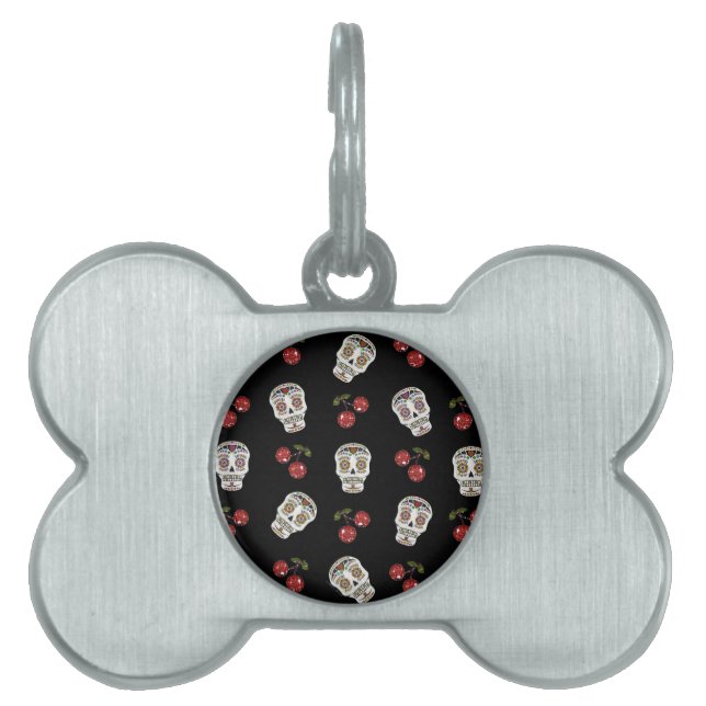 Médaillons Pour Animaux Domestiques RAB Rockabilly Sugar Skulls Cherries On Black (Devant)
