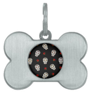 Médaillons Pour Animaux Domestiques RAB Rockabilly Sugar Skulls Roses On Black