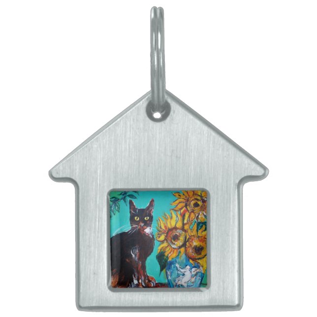 MÉDAILLONS POUR ANIMAUX DOMESTIQUES SOUCHES AVEC CHAT NOIR EN TURQUOISE BLEUE (Devant)