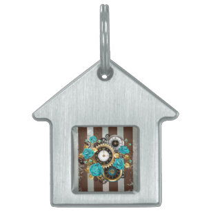 Médaillons Pour Animaux Domestiques Steampunk Clock and Turquoise Roses on Striped
