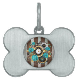 Médaillons Pour Animaux Domestiques Steampunk Clock and Turquoise Roses on Striped