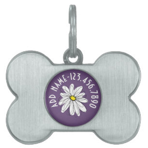 Médaillons Pour Animaux Domestiques Texte personnalisé de la marguerite mauve et jaune