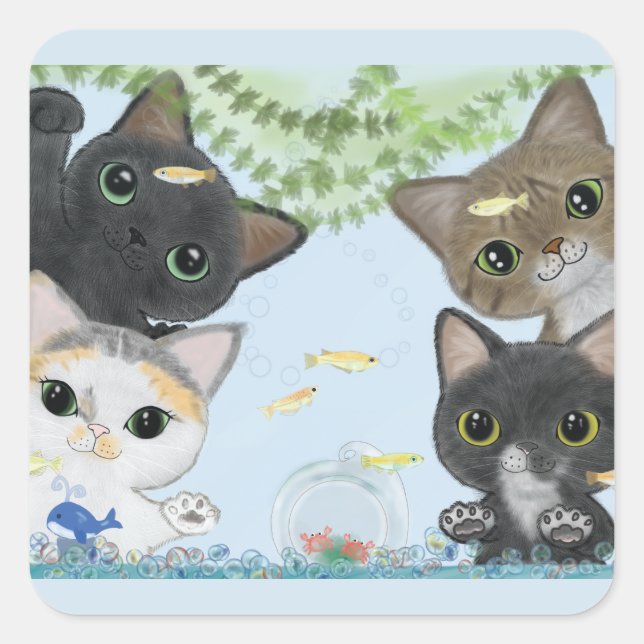 Medaka Cats Square Sticker (Front)