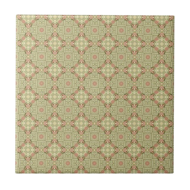 Medalliion Green and Peach Botanical Tile (Front)