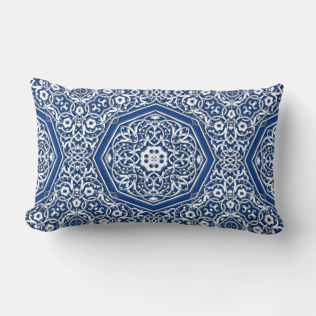 Medallion in Persian Tile Pattern - Blue and White Lumbar Pillow (Front)