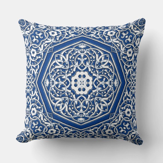 Medallion in Persian Tile Pattern - Blue and White Throw Pillow (Front)