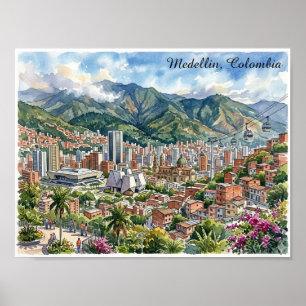 Medellin, Colombia Panorama View Watercolor Art Poster