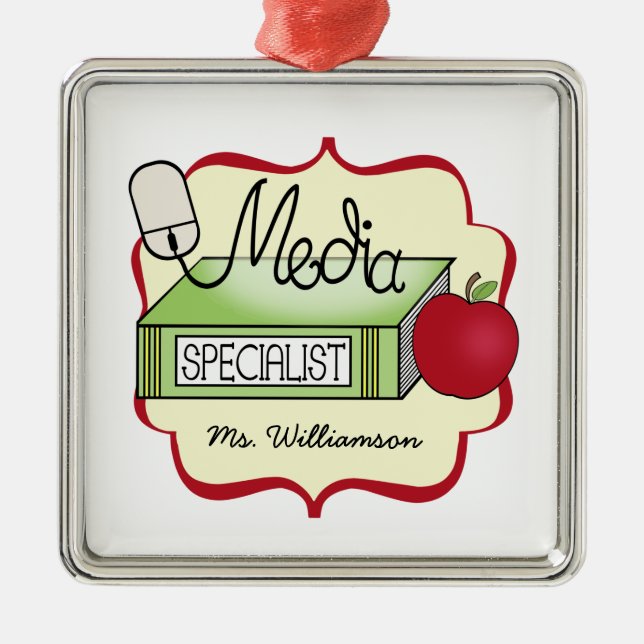 Media Specialist Book Apple & Computer Mouse Metal Ornament (Front)
